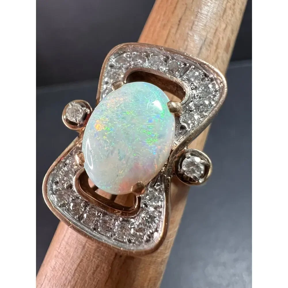 Vintage 14K Opal & Diamond Ring | Size 6.5 | Papered | 1.80ct | 60s–70s